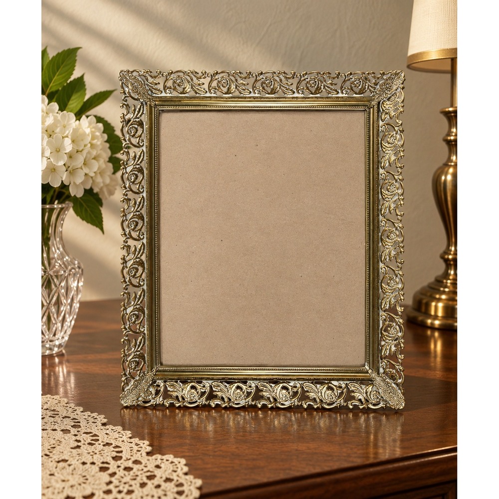 Vintage 60s Picture Frame 8x10 Gold Ornate Filigree Metal Scroll Cottagecore